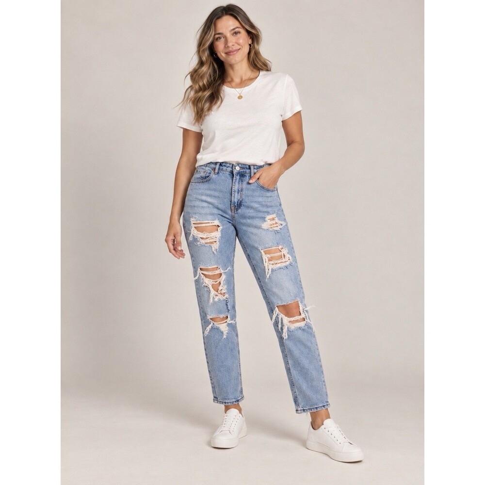 S.O.N.G. Mom Jeans Size 5/27 High Rise Distressed Light Wash Denim